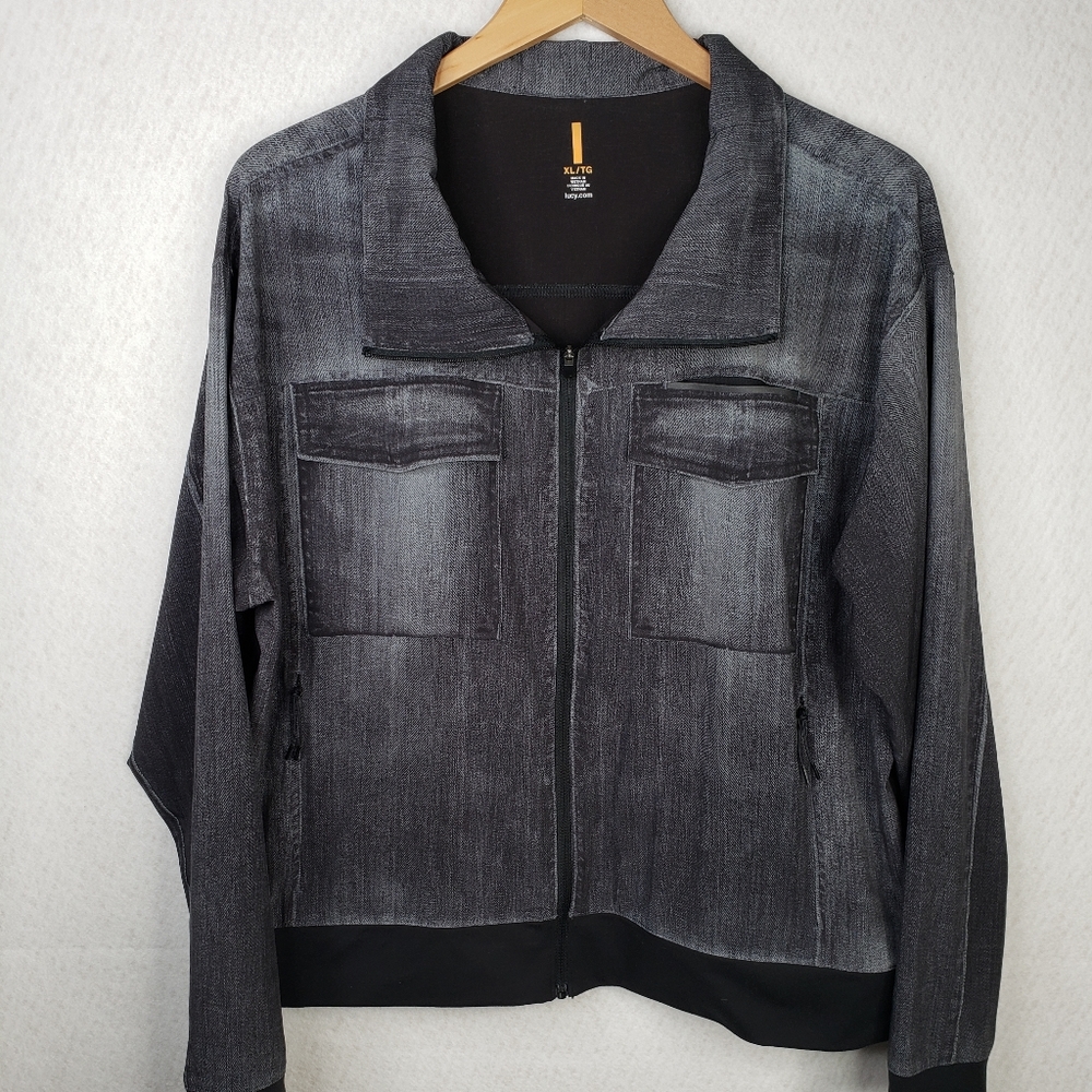 Lucy Faux Denim Look Full Zip Soft Layering Jacket Lots of Pockets Sz XL.